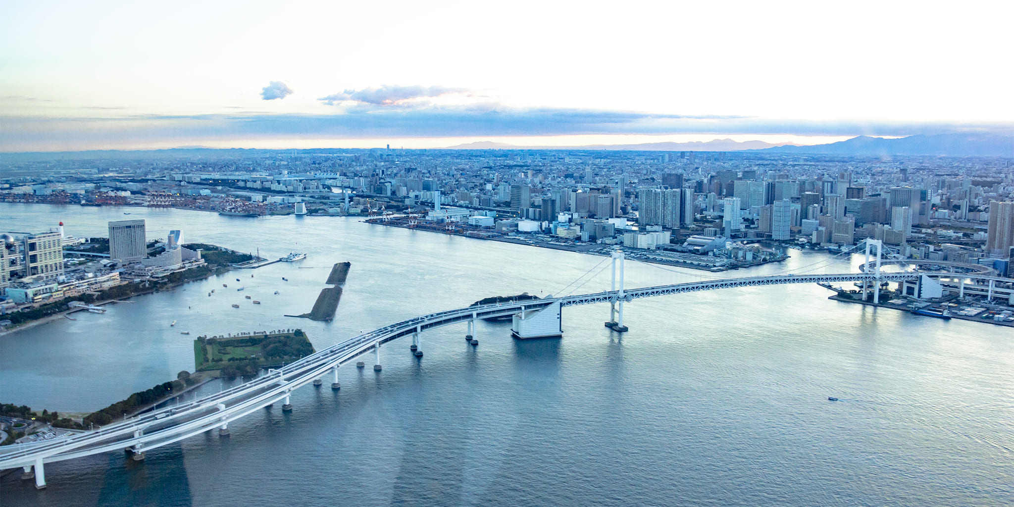 ヘリコプターで東京上空をフライトして見えるレインボーブリッジ
